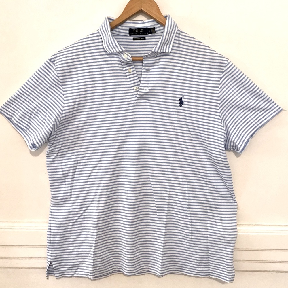 Polo Ralph Lauren Custom Slim Fit Blue & White Striped Polo Shirt 100% Cotton L